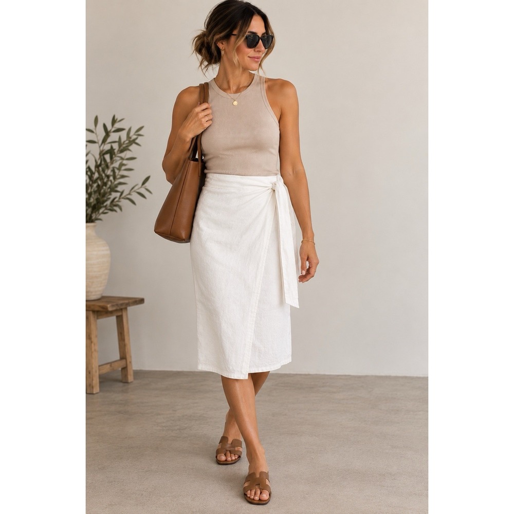 Anne Klein White Linen Faux Wrap Midi Skirt Size XS Classic Minimalist Staple